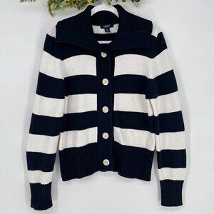 Chaps Navy Blue White Striped Knit Collared Cardigan Sweater‎ Women's Size XL